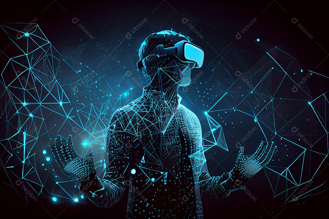 Silhueta homem com óculos de realidade virtual holograma poligonal