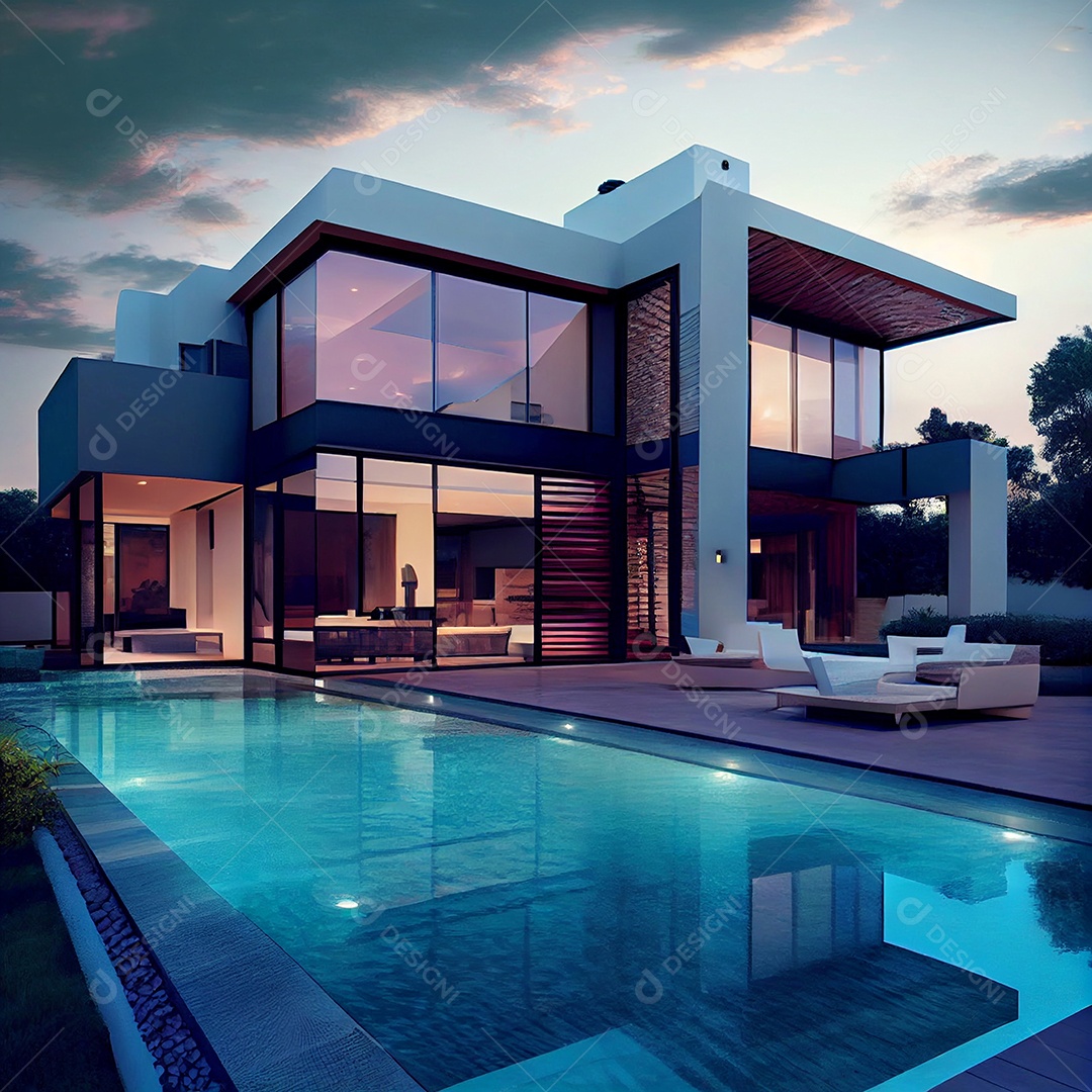 Exterior de casa moderna com piscina