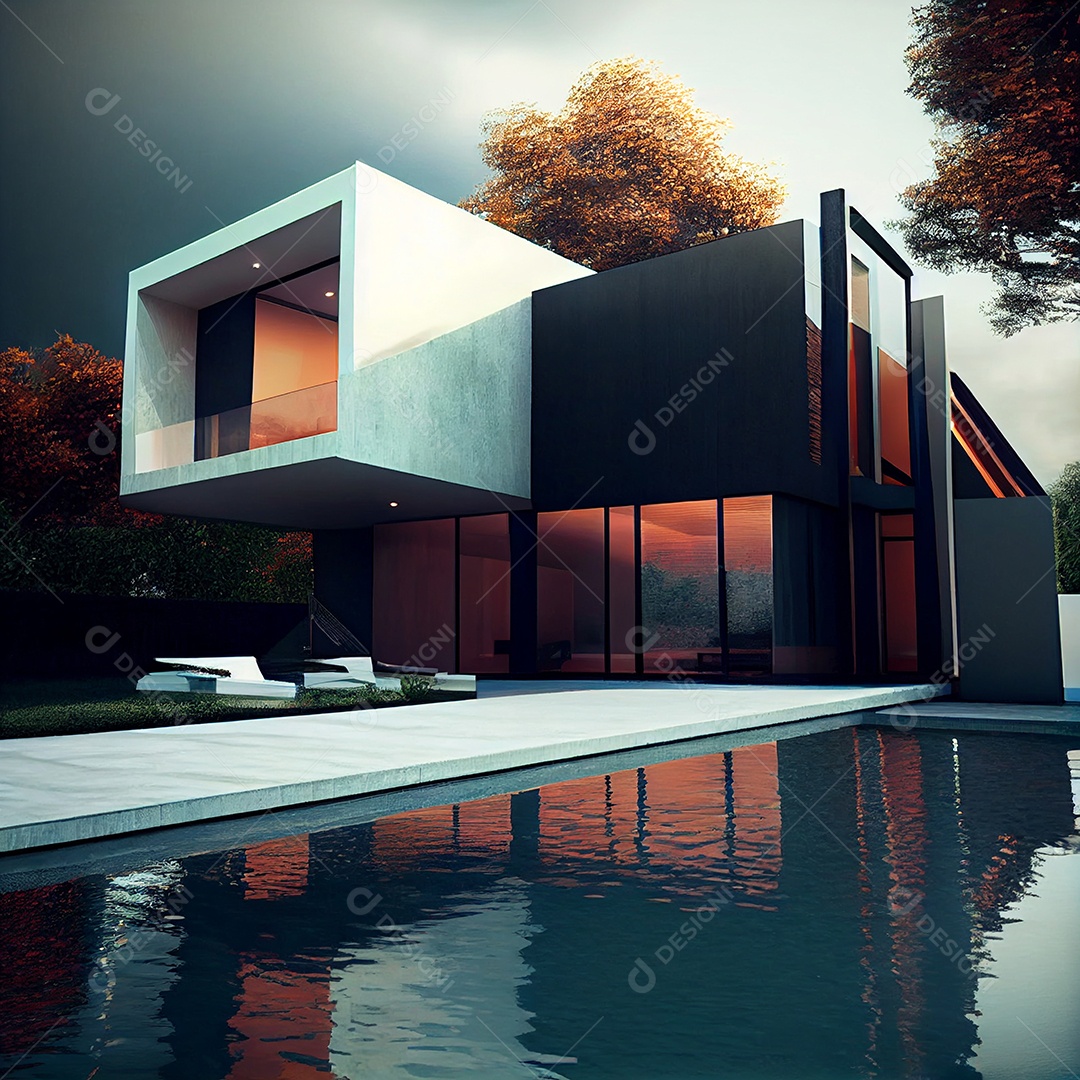 Exterior de casa moderna com piscina