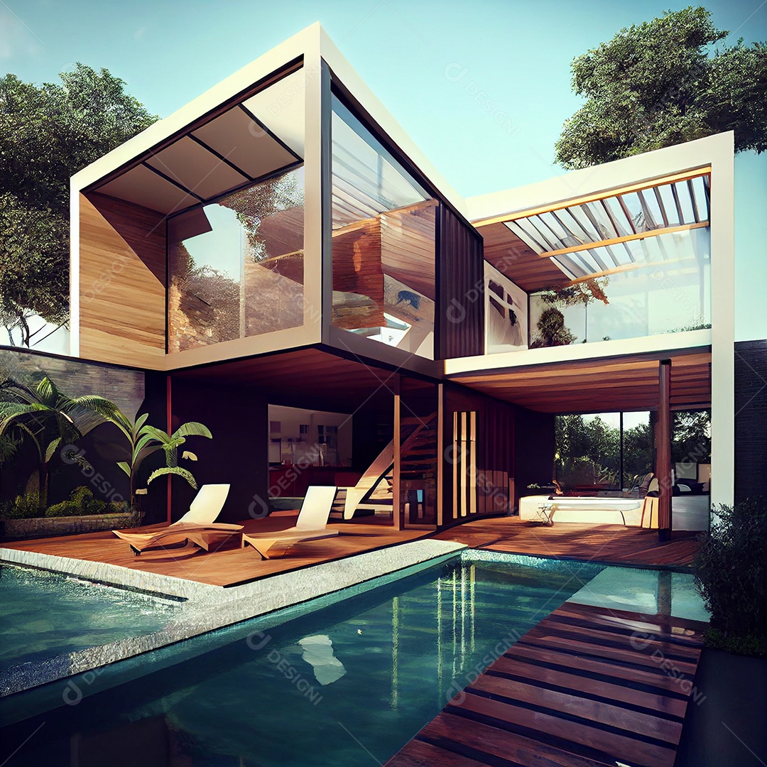 Exterior de casa moderna com piscina