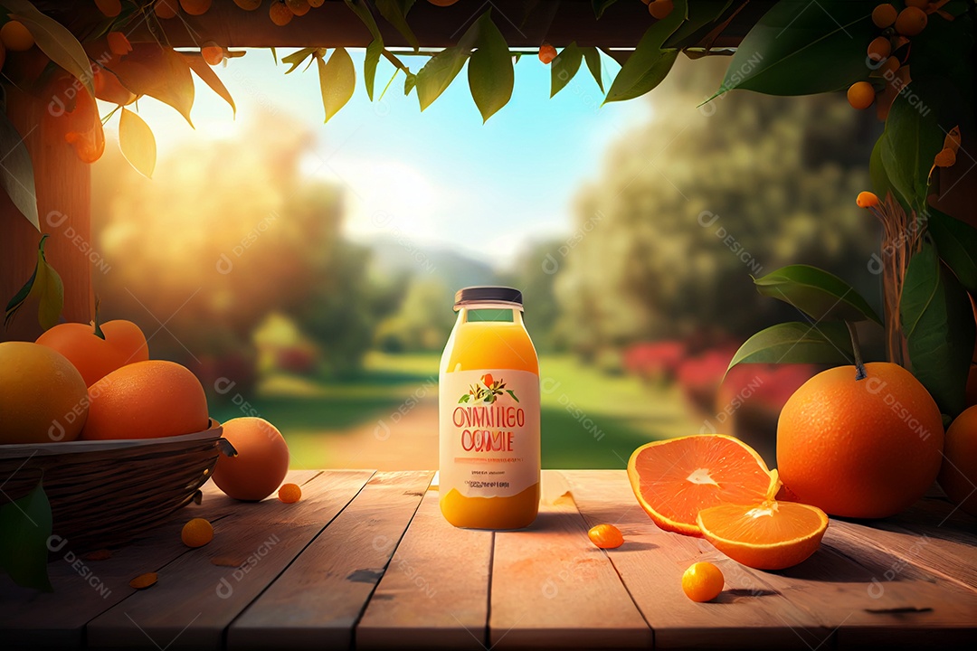 Garrafa de suco de laranja sobre madeira