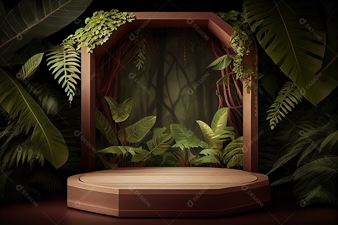 Pódio de madeira em fundo de selva