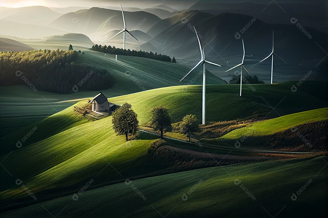 Campo de plantação com turbinas eólicas