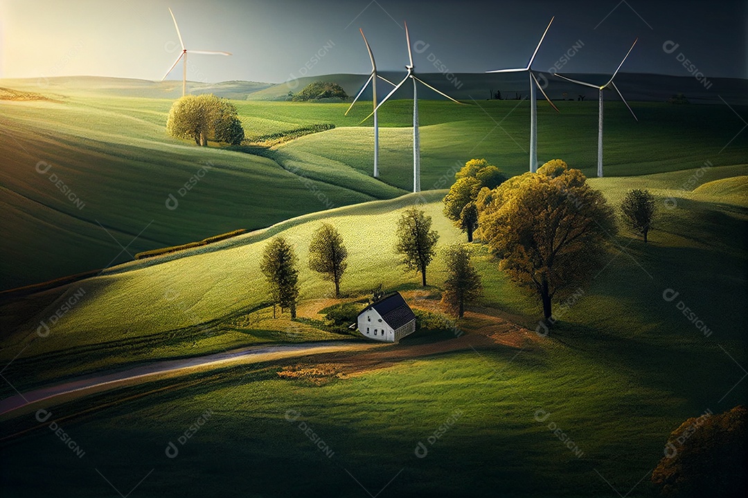 Campo de zona rural com turbinas eólicas