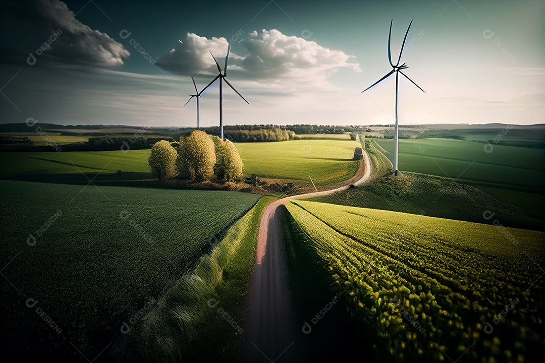 Campo de zona rural com turbinas eólicas