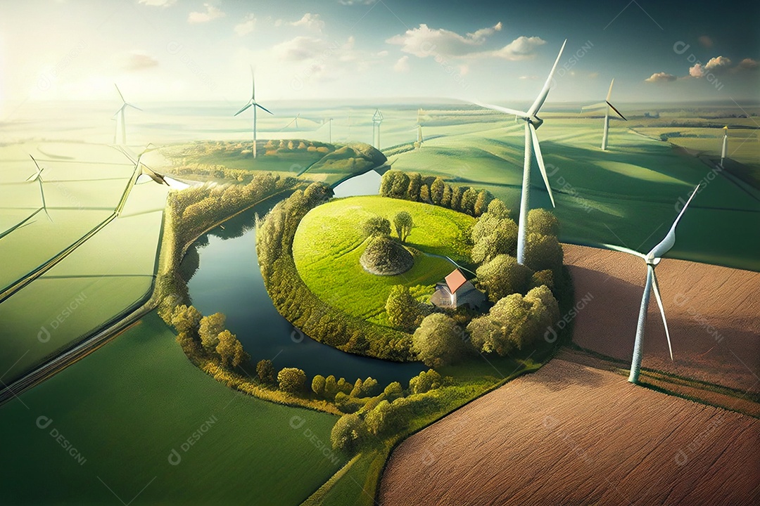 Campo de plantação com turbinas eólicas