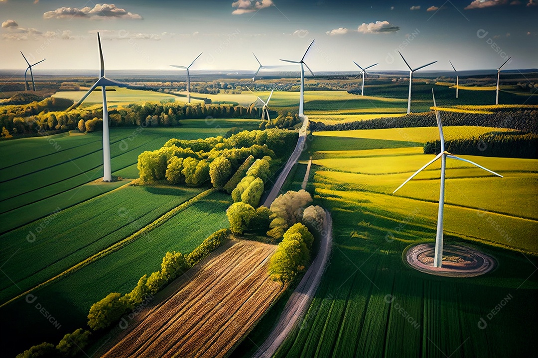 Campo de plantação com turbinas eólicas