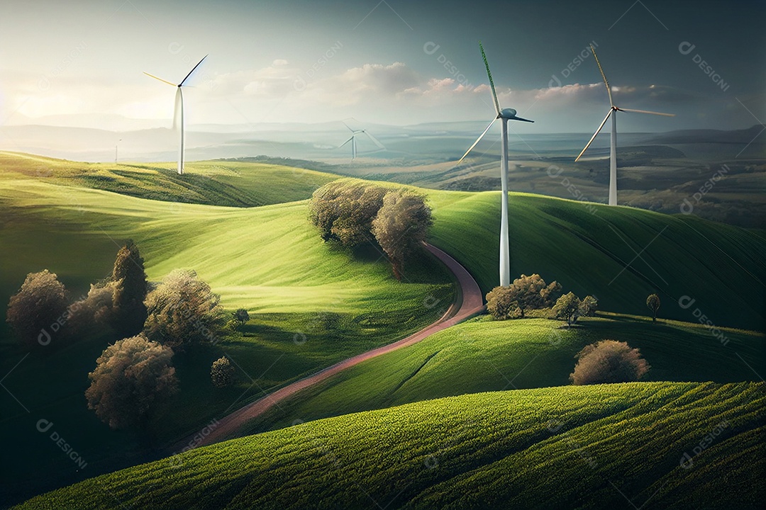 Campo de plantação com turbinas eólicas