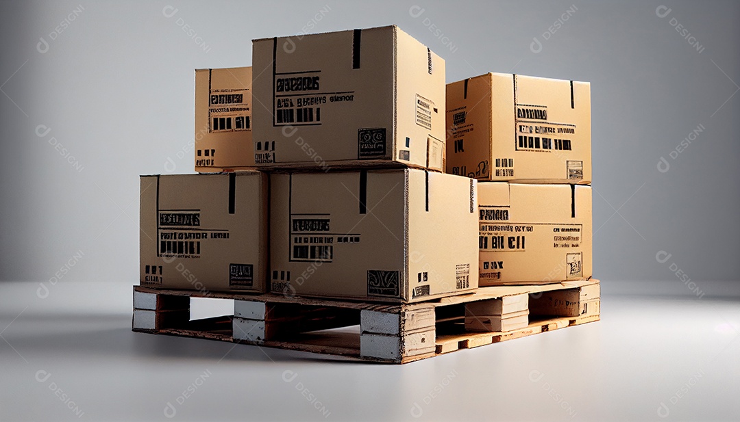 Caixas de papelão empilhadas sobre paletes de madeira