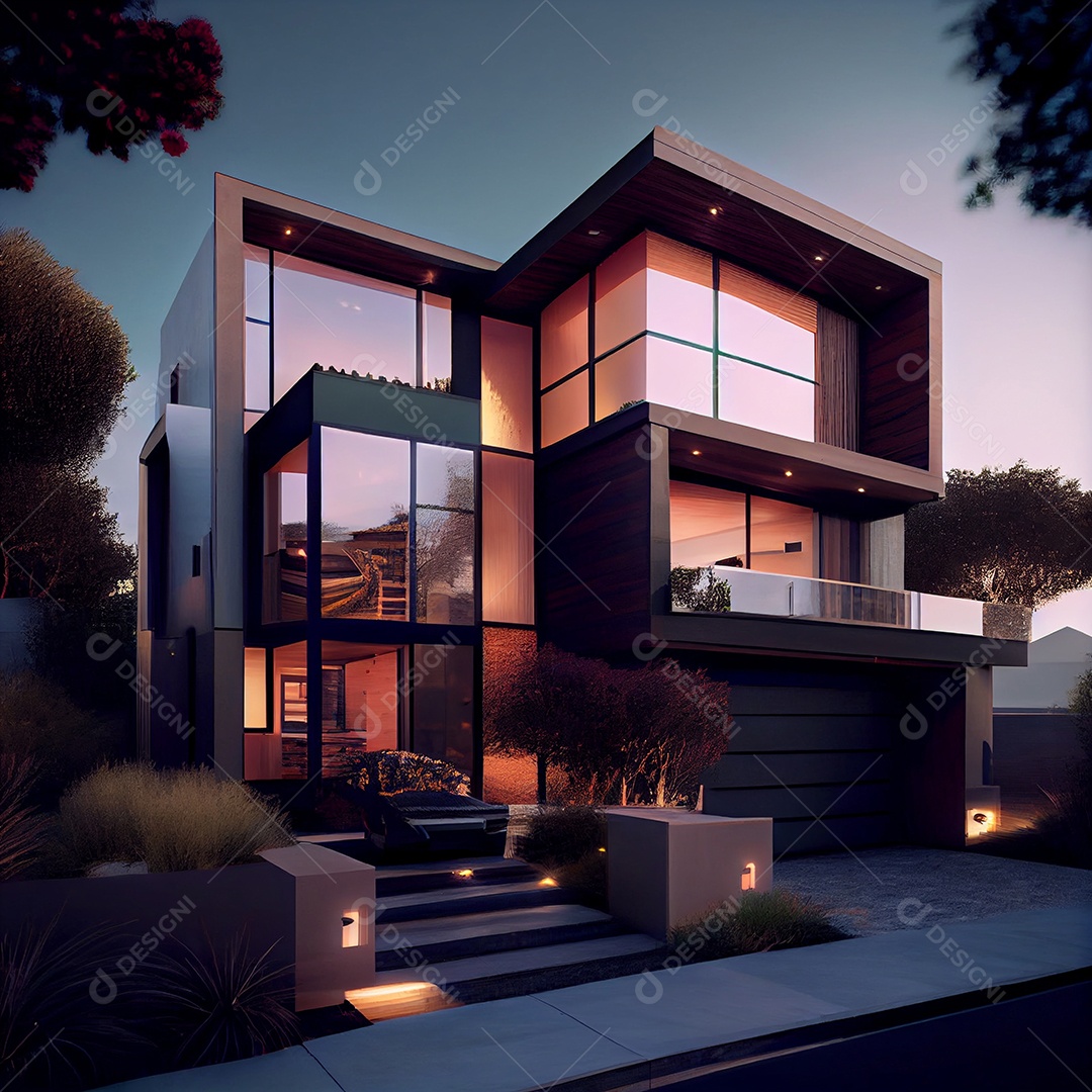 Forma quadrada exterior da casa contemporânea e paredes de vidro