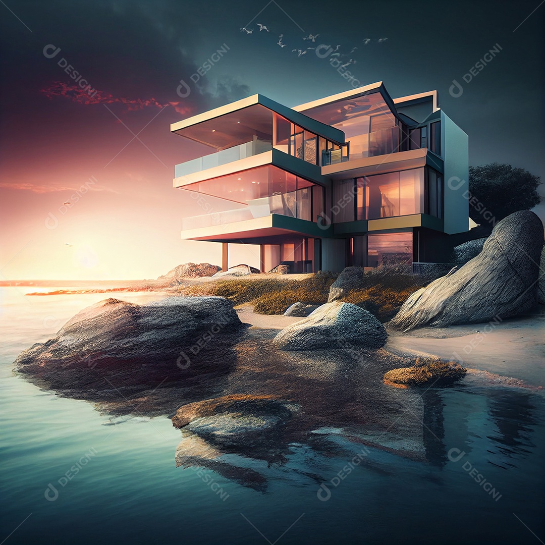 Forma quadrada exterior da casa contemporânea e paredes de vidro