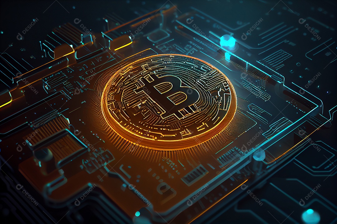Moeda Bitcoin dourada na placa de circuito