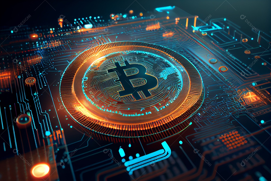 Moeda Bitcoin dourada na placa de circuito