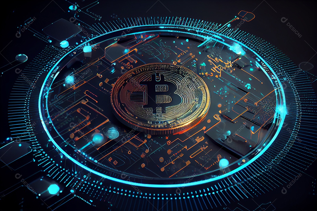 Moeda Bitcoin dourada na placa de circuito