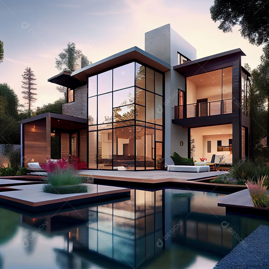 Casa moderna e elegante com grandes janelas panorâmicas e piscina chique
