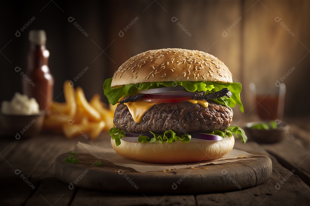 Saboroso hambúrguer caseiro na mesa de madeira rústica Anúncio Lanche de fast-food.