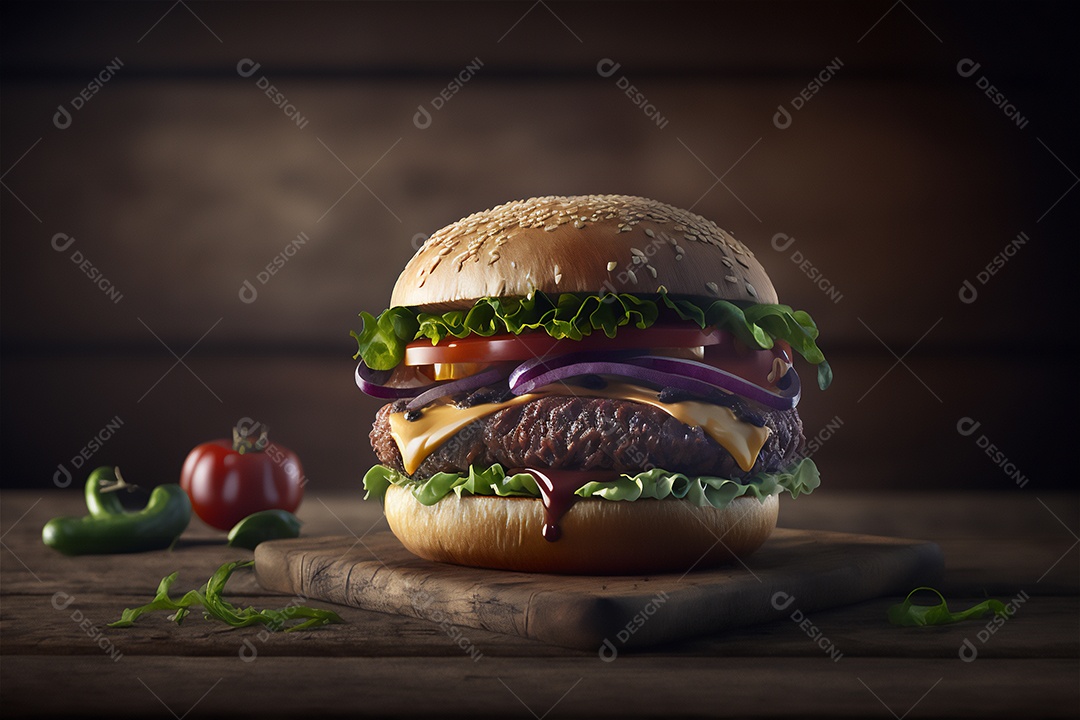 Saboroso hambúrguer caseiro na mesa de madeira rústica Anúncio Lanche de fast-food.