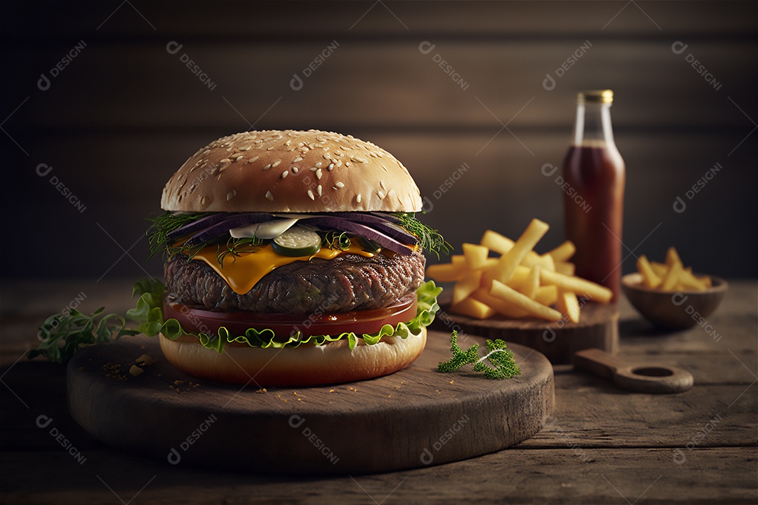 Saboroso hambúrguer caseiro na mesa de madeira rústica Anúncio Lanche de fast-food.