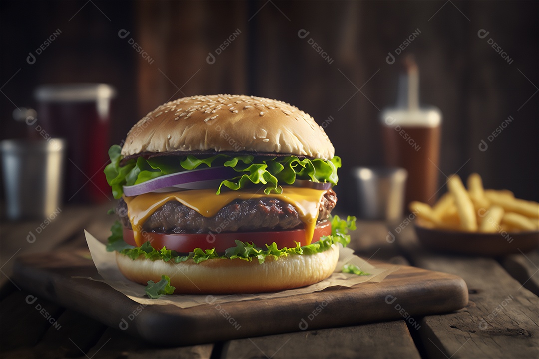 Saboroso hambúrguer caseiro na mesa de madeira rústica Anúncio Lanche de fast-food.