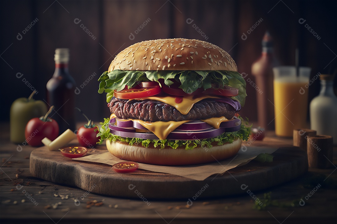 Saboroso hambúrguer caseiro na mesa de madeira rústica Anúncio Lanche de fast-food.