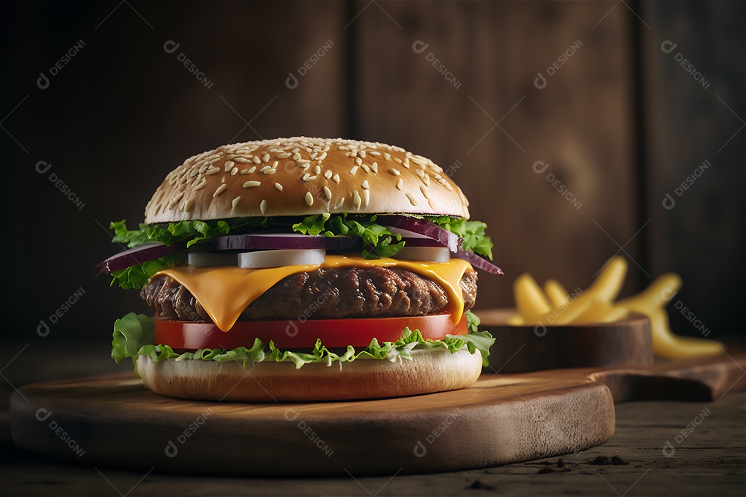 Saboroso hambúrguer caseiro na mesa de madeira rústica Anúncio Lanche de fast-food.