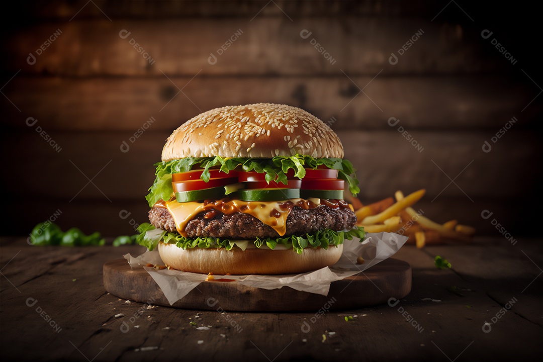 Saboroso hambúrguer caseiro na mesa de madeira rústica Anúncio Lanche de fast-food.
