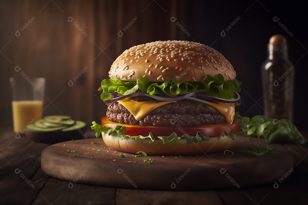 Saboroso hambúrguer caseiro na mesa de madeira rústica Anúncio Lanche de fast-food.