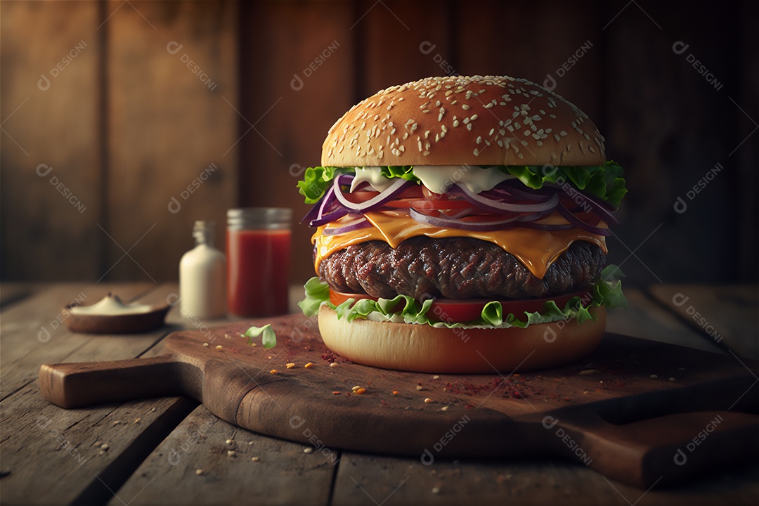 Saboroso hambúrguer caseiro na mesa de madeira rústica Anúncio Lanche de fast-food.