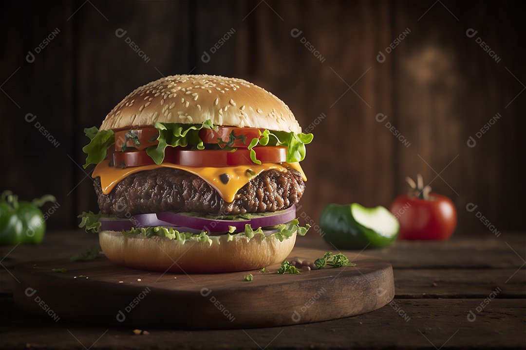 Saboroso hambúrguer caseiro na mesa de madeira rústica Anúncio Lanche de fast-food.