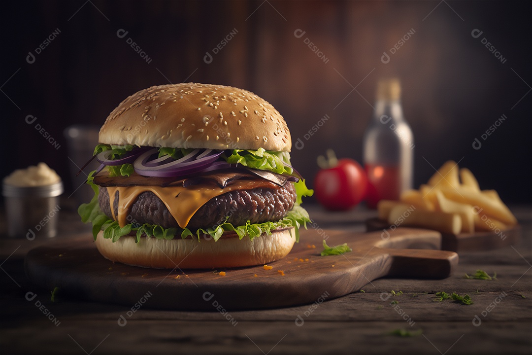 Saboroso hambúrguer caseiro na mesa de madeira rústica Anúncio Lanche de fast-food.