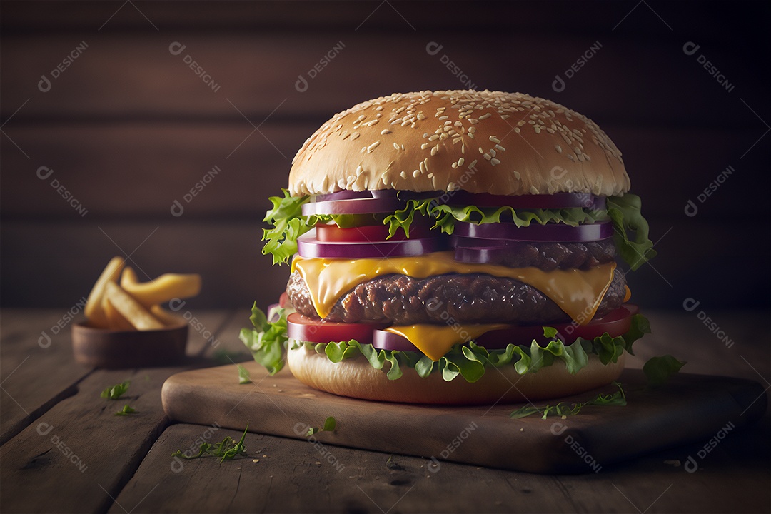 Saboroso hambúrguer caseiro na mesa de madeira rústica Anúncio Lanche de fast-food.