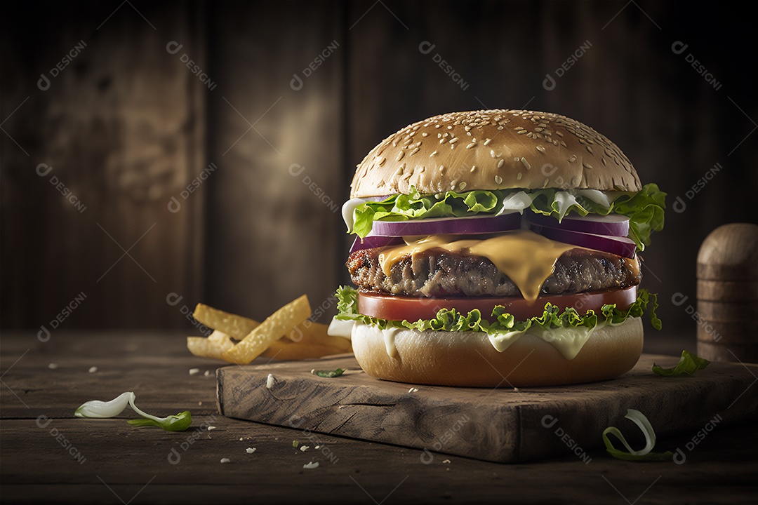 Saboroso hambúrguer caseiro na mesa de madeira rústica Anúncio Lanche de fast-food.