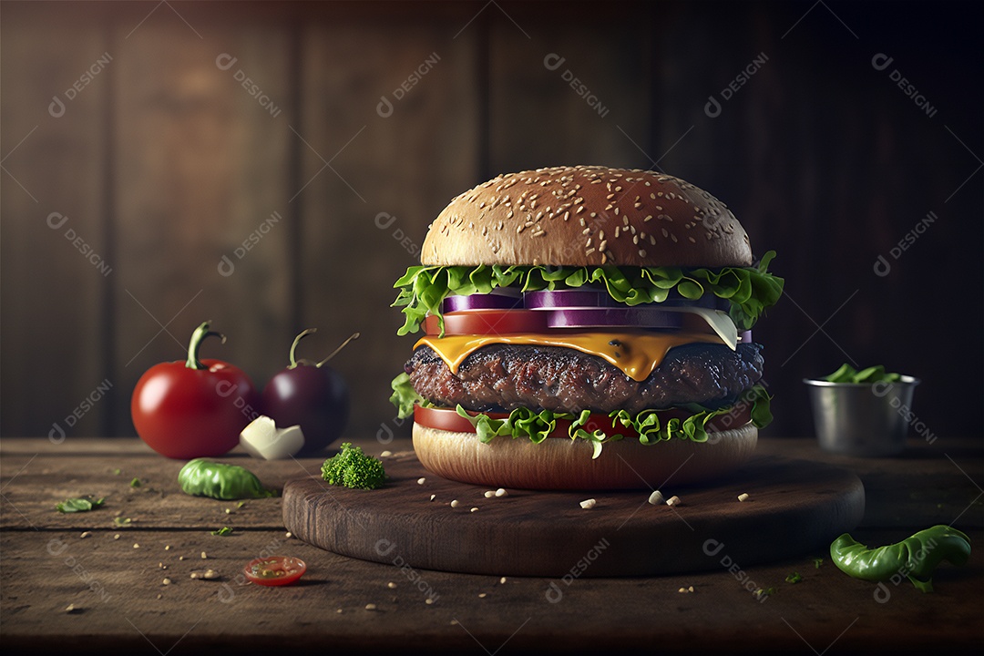 Saboroso hambúrguer caseiro na mesa de madeira rústica Anúncio Lanche de fast-food.