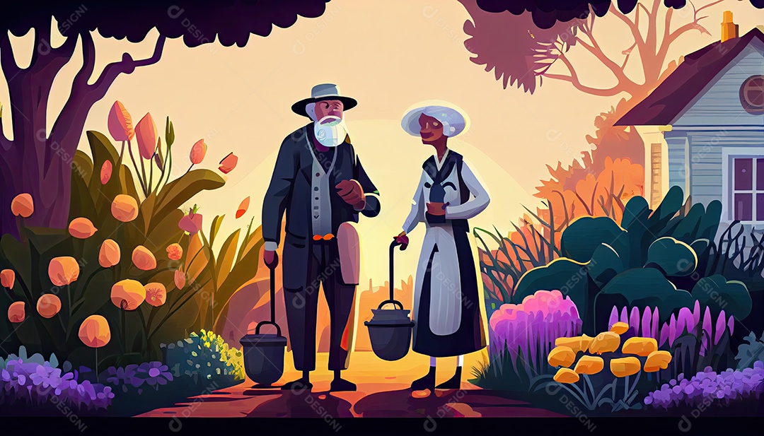 Velho negro com maleta e mulher regando flores no jardim Dia da Terra a importância de amar a natureza