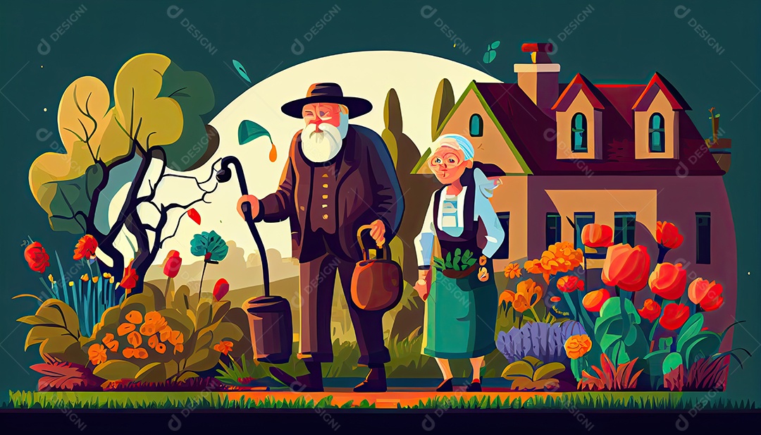 Velho negro com maleta e mulher regando flores no jardim Dia da Terra a importância de amar a natureza