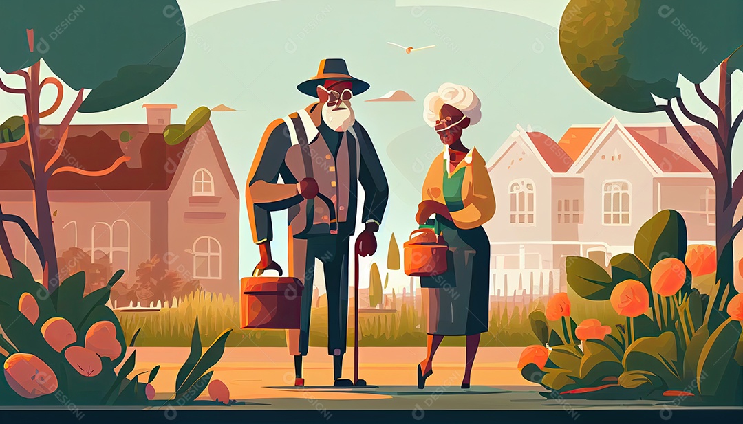 Velho negro com maleta e mulher regando flores no jardim Dia da Terra a importância de amar a natureza