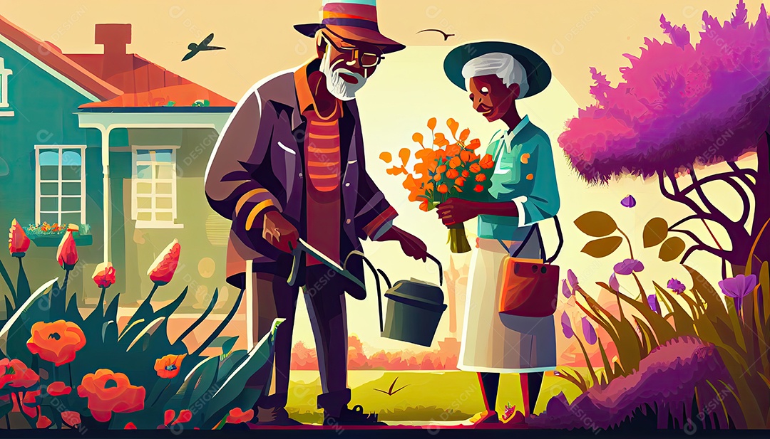 Velho negro com maleta e mulher regando flores no jardim Dia da Terra a importância de amar a natureza