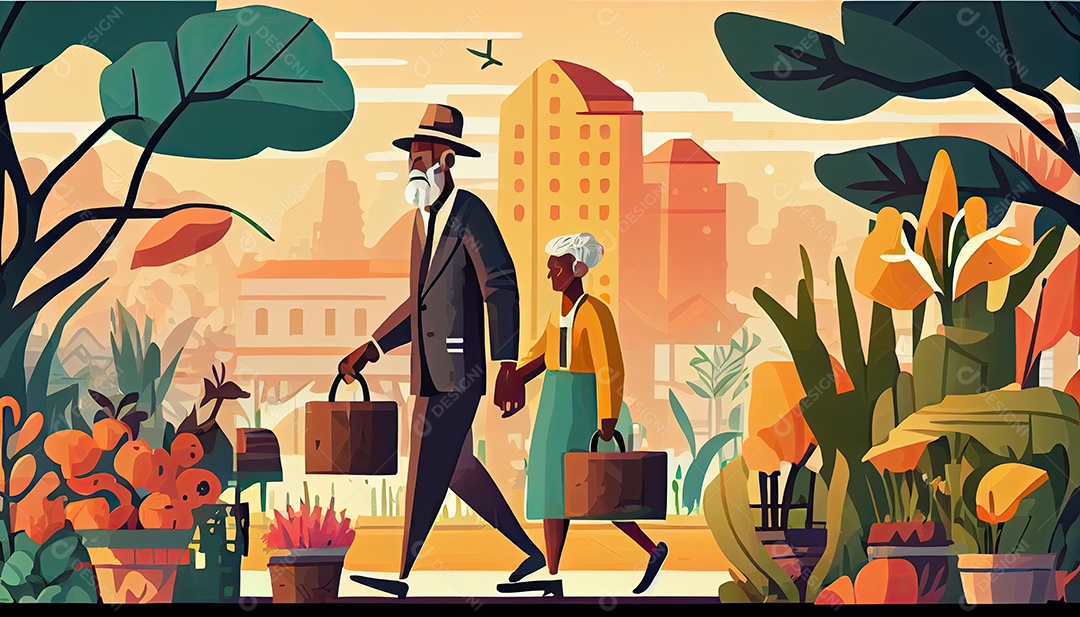 Velho negro com maleta e mulher regando flores no jardim Dia da Terra a importância de amar a natureza