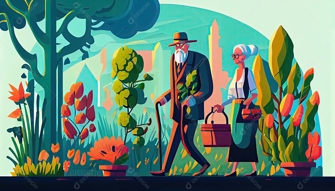 Velho negro com maleta e mulher regando flores no jardim Dia da Terra a importância de amar a natureza