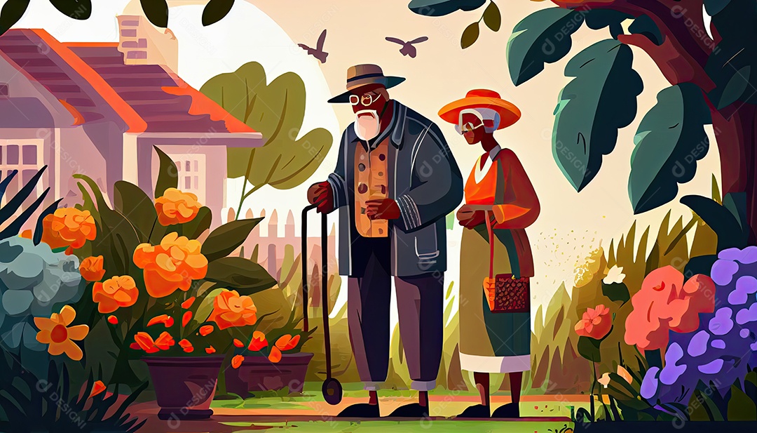 Velho negro com maleta e mulher regando flores no jardim Dia da Terra a importância de amar a natureza