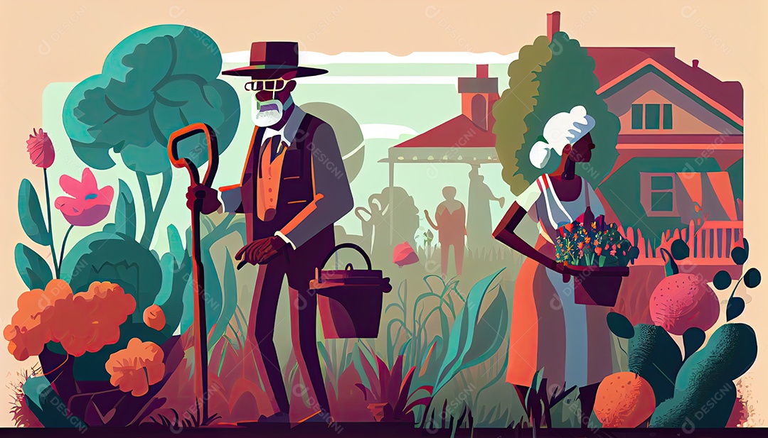 Velho negro com maleta e mulher regando flores no jardim Dia da Terra a importância de amar a natureza