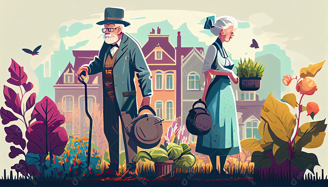 Velho negro com maleta e mulher regando flores no jardim Dia da Terra a importância de amar a natureza