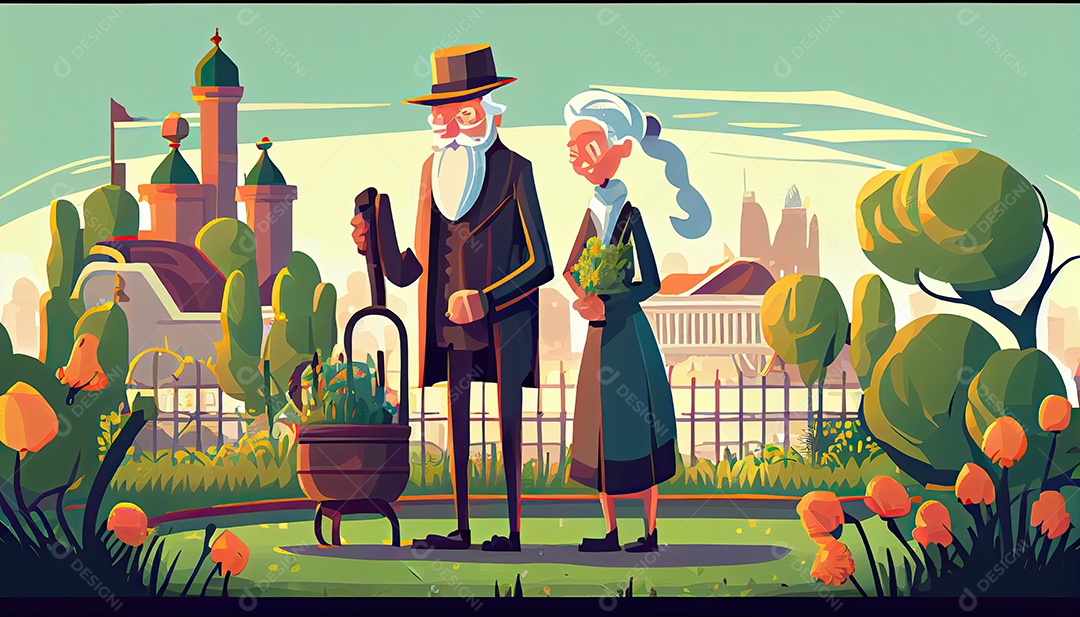 Velho negro com maleta e mulher regando flores no jardim Dia da Terra a importância de amar a natureza