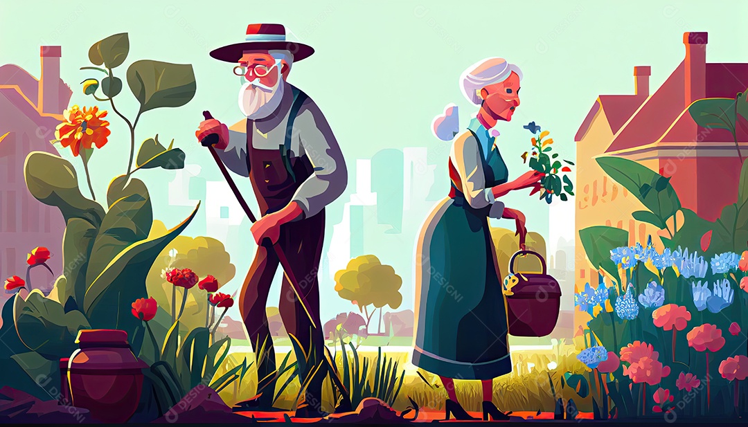 Velho negro com maleta e mulher regando flores no jardim Dia da Terra a importância de amar a natureza