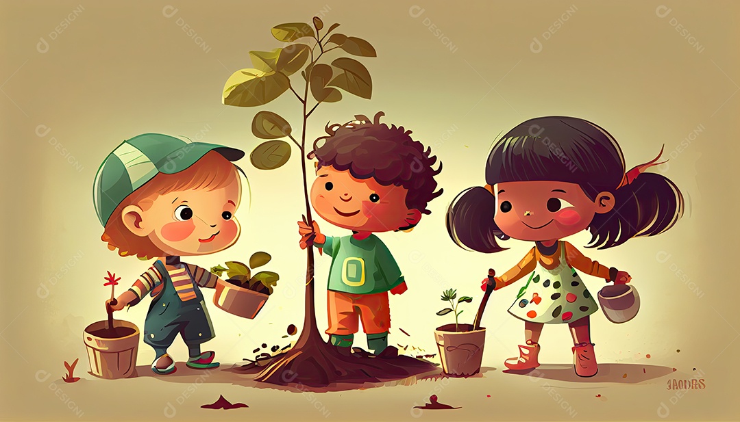 Crianças dos desenhos animados plantando árvores Dia da Terra a importância de amar a natureza