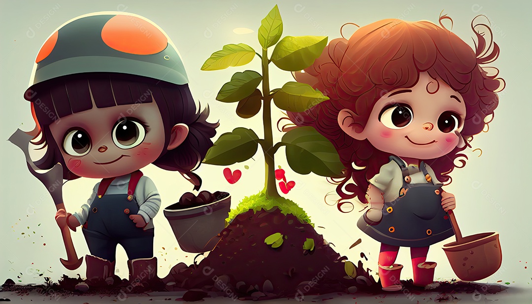 Crianças dos desenhos animados plantando árvores Dia da Terra a importância de amar a natureza