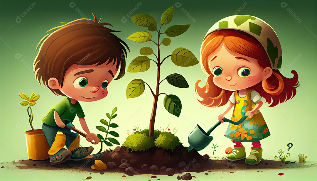 Crianças dos desenhos animados plantando árvores Dia da Terra a importância de amar a natureza