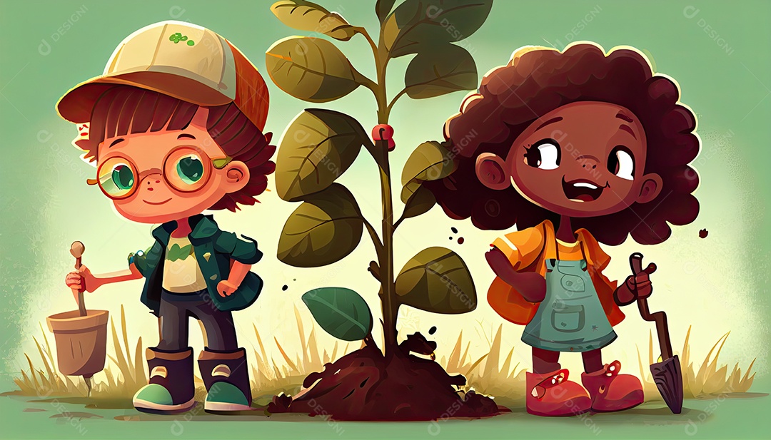Crianças dos desenhos animados plantando árvores Dia da Terra a importância de amar a natureza