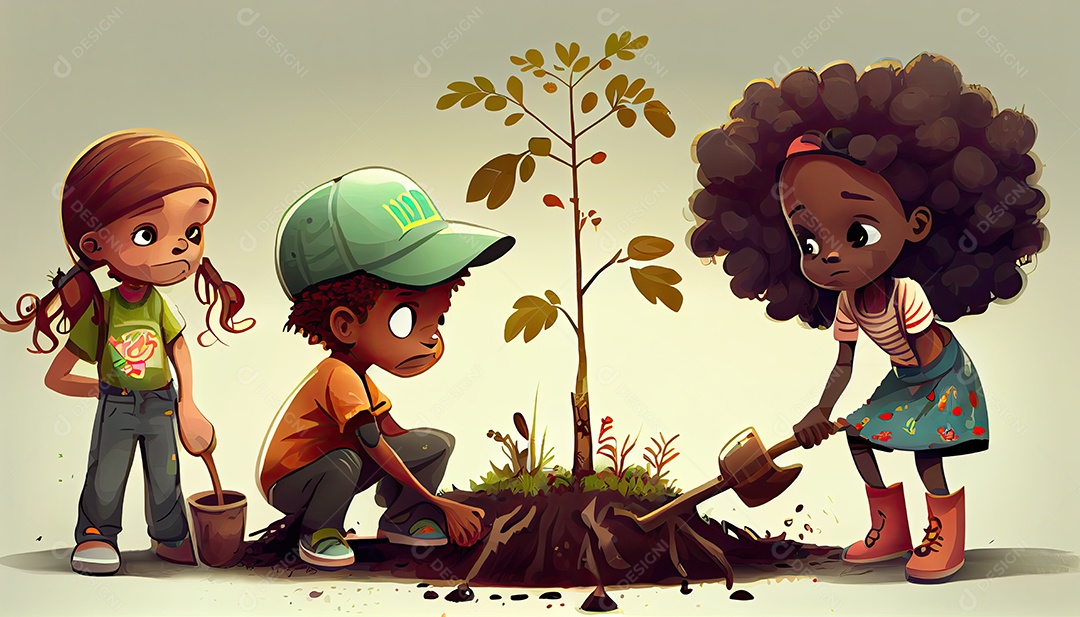 Crianças dos desenhos animados plantando árvores Dia da Terra a importância de amar a natureza
