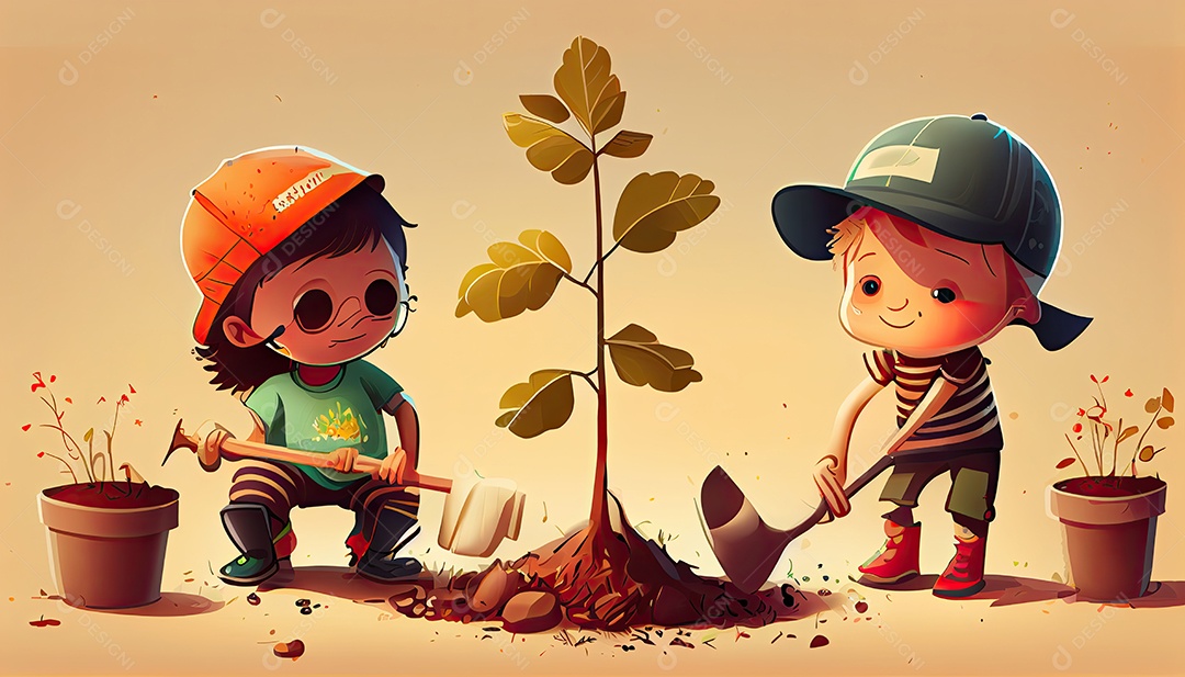 Crianças dos desenhos animados plantando árvores Dia da Terra a importância de amar a natureza